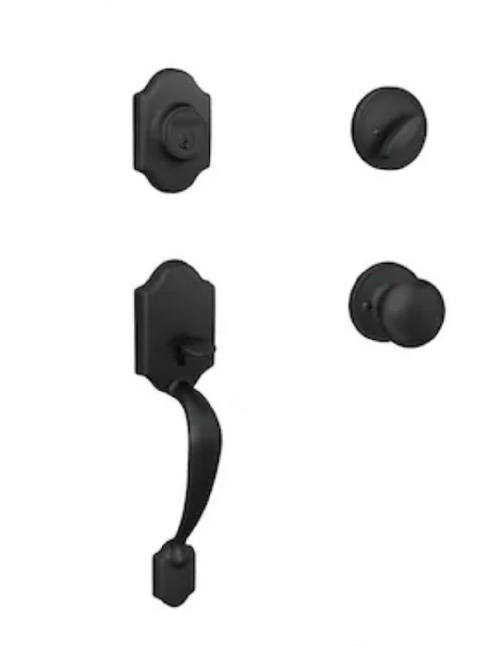 Schlage Home Front Nobleton Matte Black Entry Handleset with Marwood knob.
